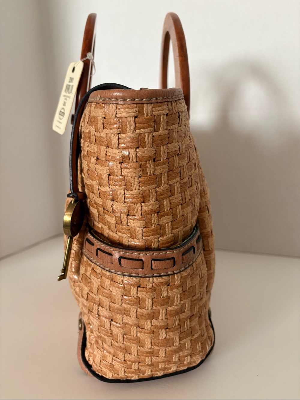 Fossil Tan Woven Tote with Circular Wood Handles - Picture 8 of 14